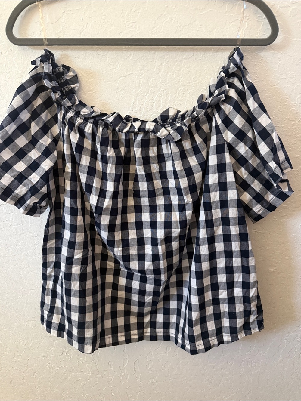 Cavalini Navy and White Gingham Off-Shoulder Top